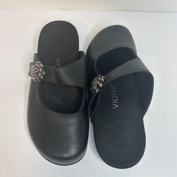 Vionic Black Leather Clog Mule Slides Slip On Comfort Womens Strappy Shoes - Picture 4 of 5